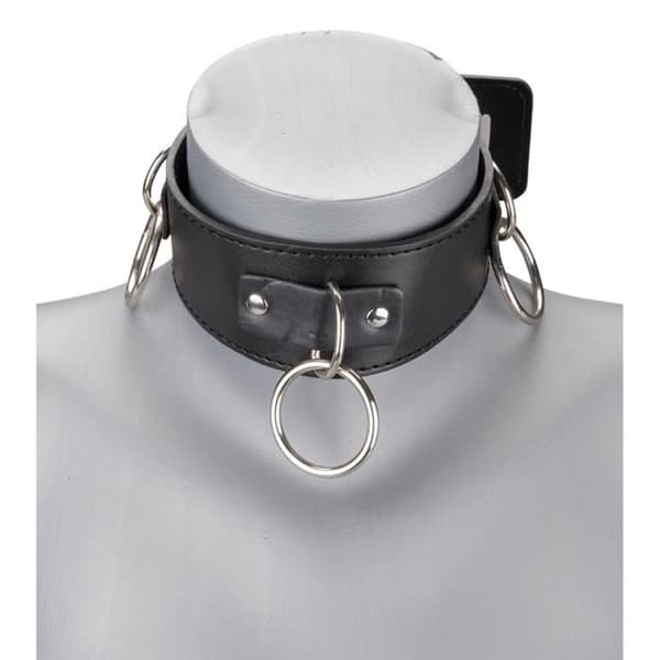 Läderhalsband BDSM 3 ringar + koppel - Svart