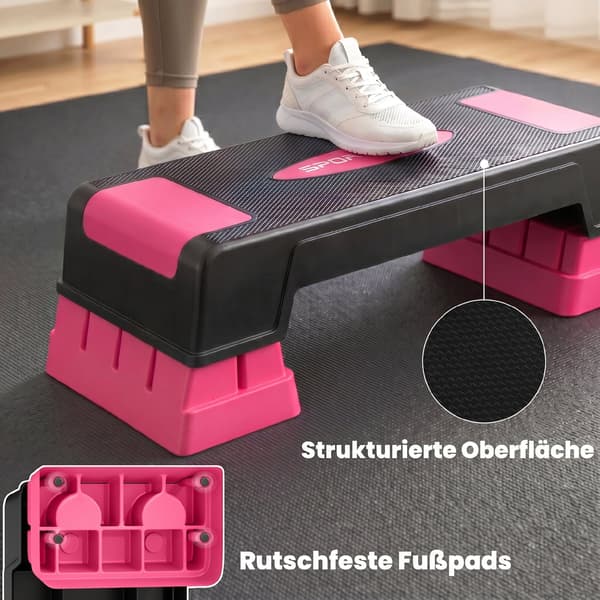 Aerobic Stepper med justerbar højde 12/17,5/22,5 cm sort/lyserød