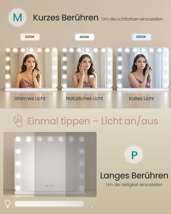 Hollywood-makeupspejl med 15 dæmpbare LED-lys