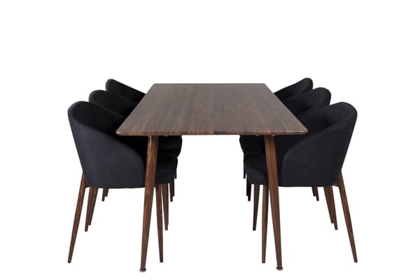 Spisebord og stole sæt Polar 180 cm valnød sort stof