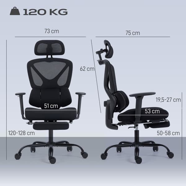 Ergonomisk kontorstol 73x75x120 cm sort netstof