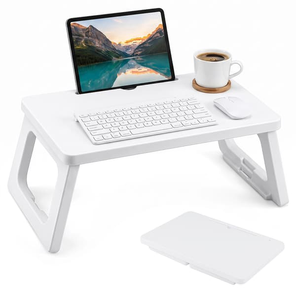 Sengebakke med foldbare ben og tablet-holder, morgenbord, hvid