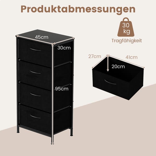 Kommode, 45x30x95 cm, Sort, Træ og Metal
