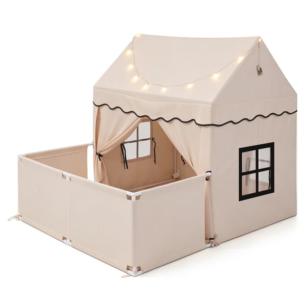Lasten leikkiteltta lisäpiha-alueella ja pehmustetulla matolla, beige + harmaa