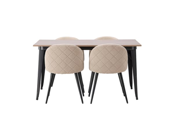 Spisebord og stol sæt Tempe 140x80 cm Sort valnød Beige stof