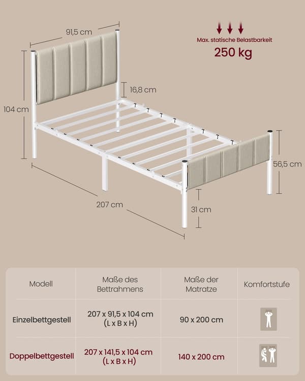 Sängram, 140x200 cm, Cappuccino Beige, Stål