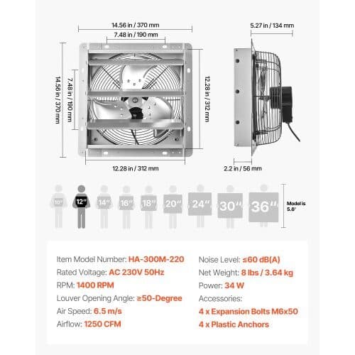 Shutter udsugningsventilator HA-300M-220 37x37x19,2 cm sølv