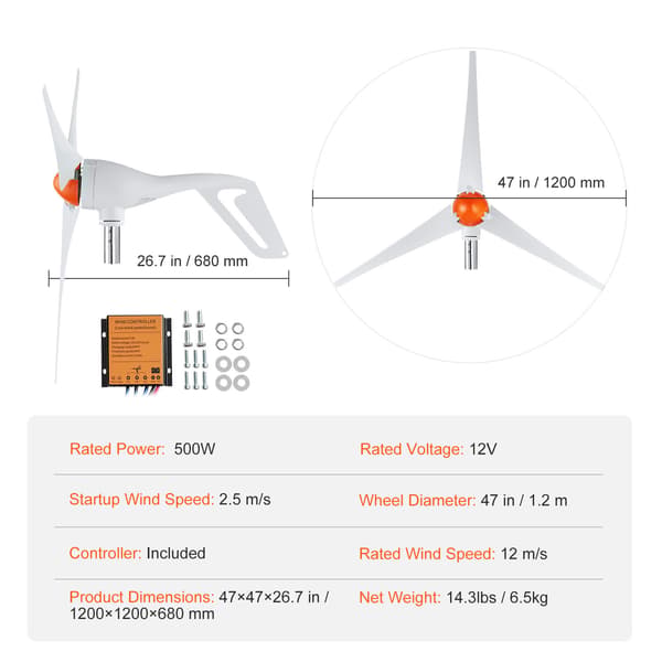 Vindmøllegenerator 500W, 120x120x68 cm, 3-blads sæt