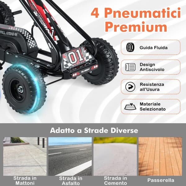 Pedal gokart, justerbart sæde, håndbremse, til børn, sort