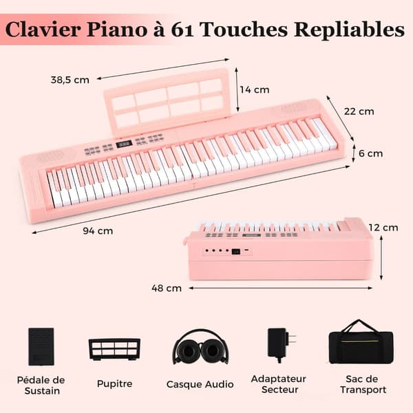 Sammenklappeligt elektronisk keyboard, 94x22x6 cm, pink
