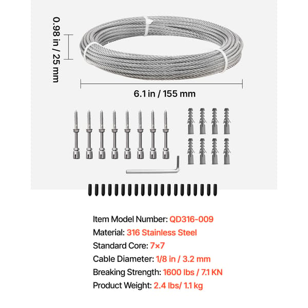 Wire Rope Kit, 3,2 mm x 12,2 m, Rustfrit stål, Stål, Haverankesystem