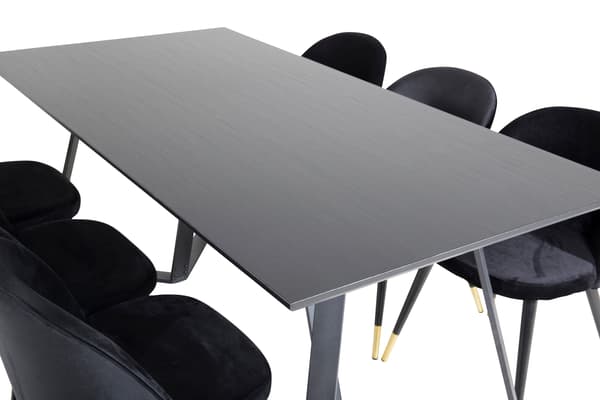 Spisebord og sæt med velour spisebordsstol, sort