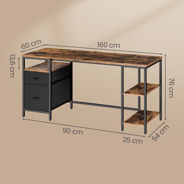 Skrivebord, 60x160x76 cm, Brun, Stålstel