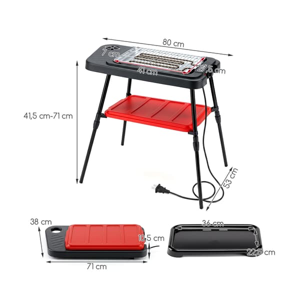 Elektrisk grill 2-i-1 80x53x41,5–70 cm sort/rød