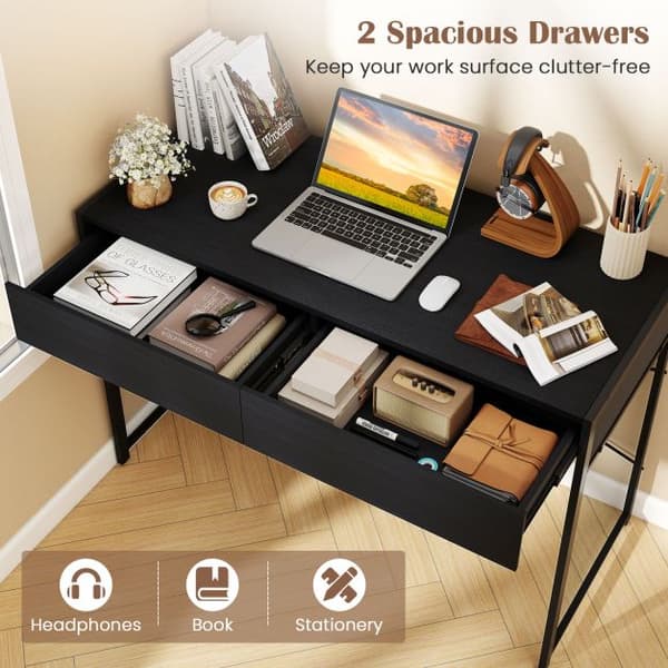 Computerskrivebord med 2 skuffer 111x48x76 cm sort