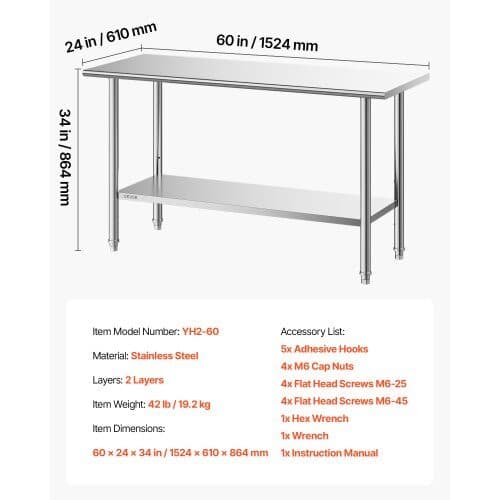 Rustfri stålarbejdsbord YH2-60 61x152x86,4 cm