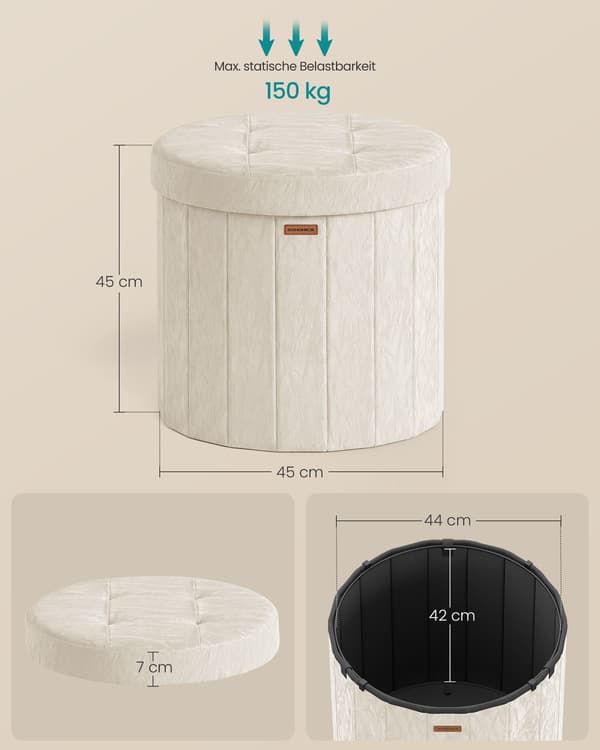Rund opbevaringspuf, foldbar, PU-læder, 65 L