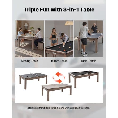 Poolbord kombisæt, 3-i-1 multispillebord 214 cm, grå, MDF