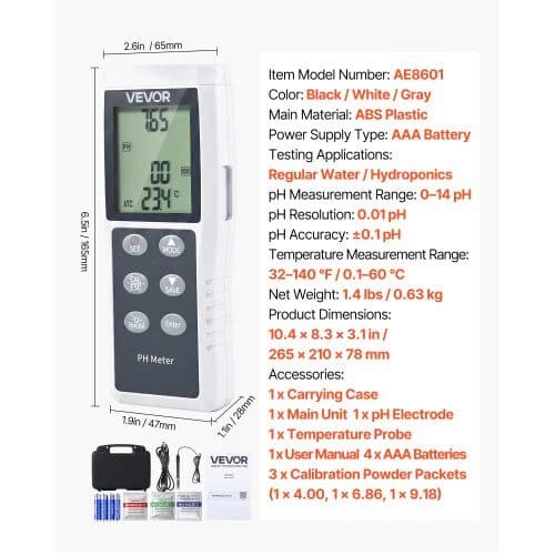pH-meter sæt AE8601 0–14 pH område 265x210x78 mm sort/hvid/grå