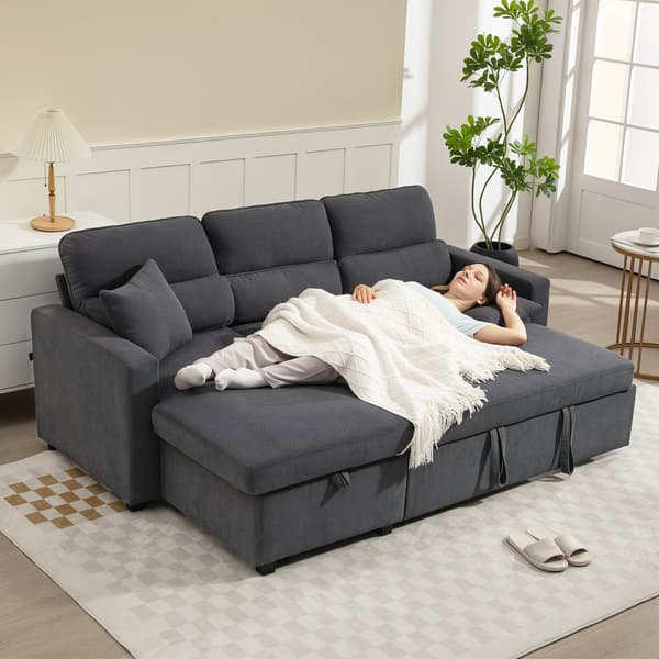 Bäddsoffa, L-formad gästssoffa 205x135x76 cm, mörkgrå, förvaring