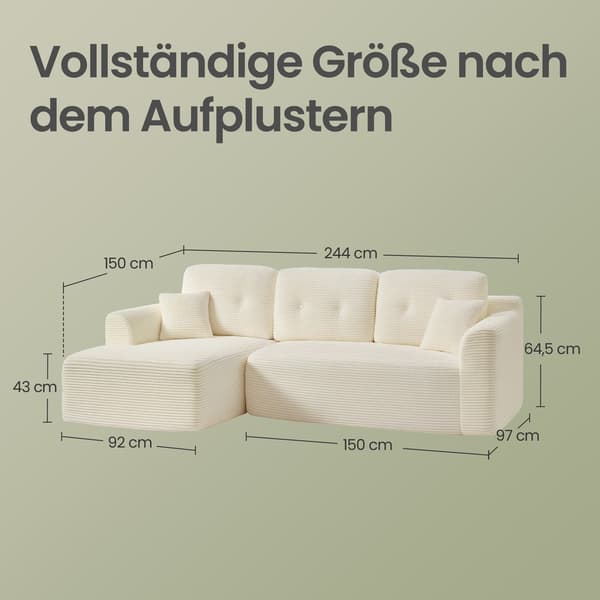 Sectionalsoffa 150x244x73 cm Vit kordtyg