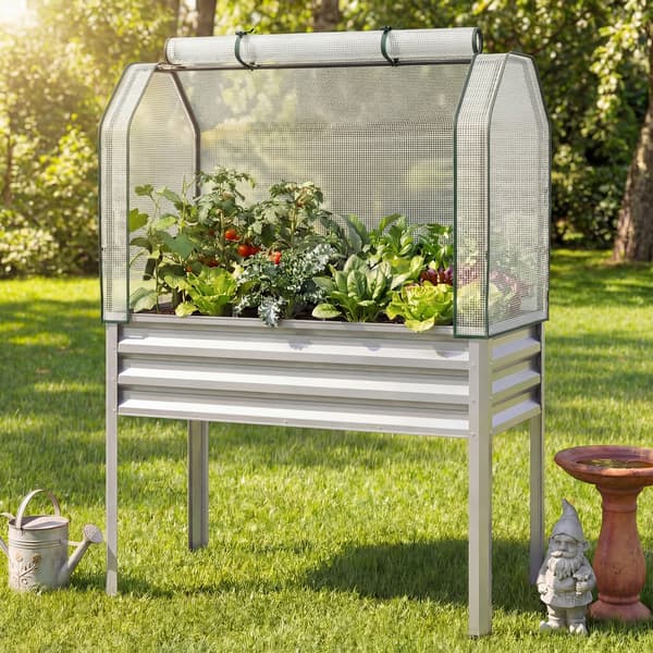 Hævede plantekasser 2 stk. med ben og drivhustæpper 112x56x152 cm sølv