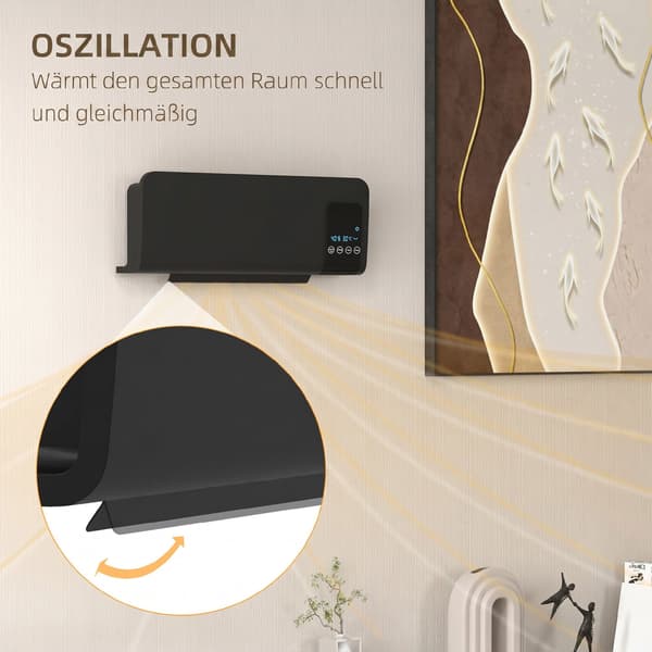 Elektrisk varmelegeme, vægmontering, svingfunktion, 2 tilstande, timer, LED-display, sort