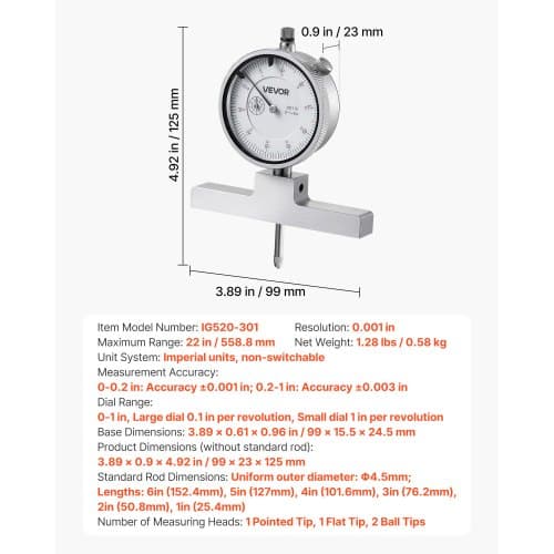 Dybdeindikator, Dybdemikrometer, 99x23x125 mm, Præcisionsværktøj