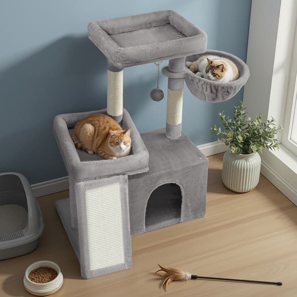 Kradsetræ til kat med hule, rampe og kurv, 2 store platforme