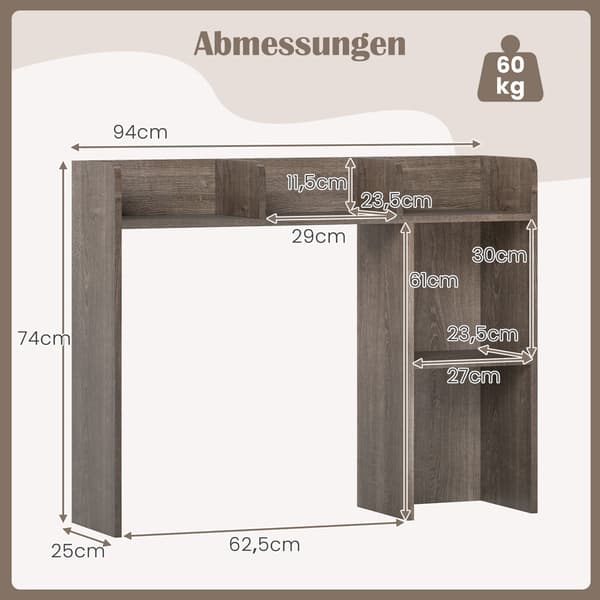 Skrivebordsreol, 74 cm, Grå, Træ