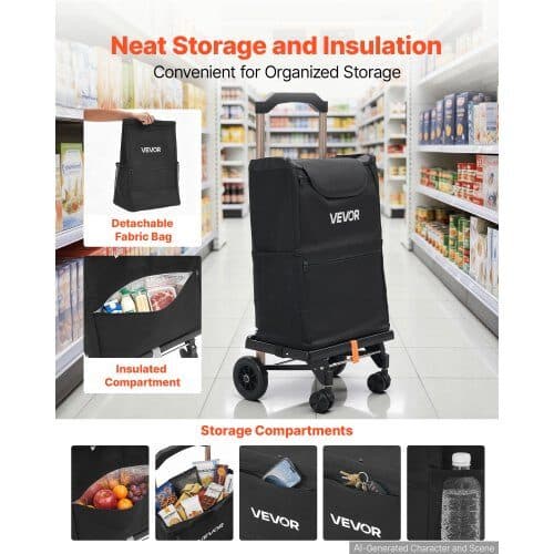 Indkøbsvogn med 4 hjul, foldbar, 39x20x52 cm, sort