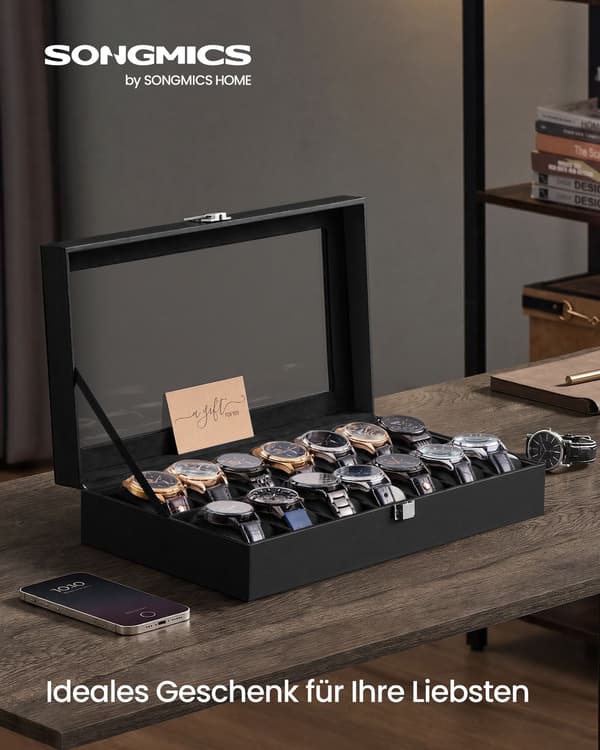 Klockbox med 14 fack, glaslock, PU-läder, svart