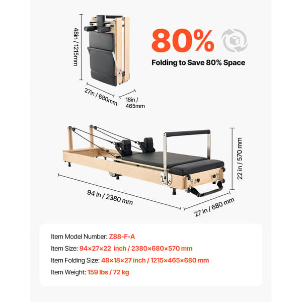 Pilates Reformer, 238x68x57 cm, Trä, Fällbar