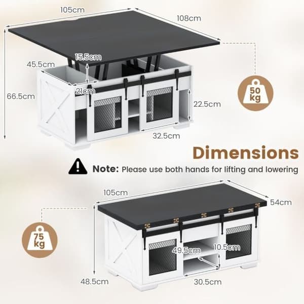 Konvertibelt spisebord, 3 skjulte opbevaringsrum, sort & hvid