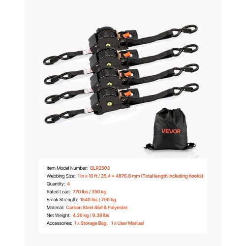 Spännremmar, 25,4x487,7 cm, 4-pack, Svart, Polyester