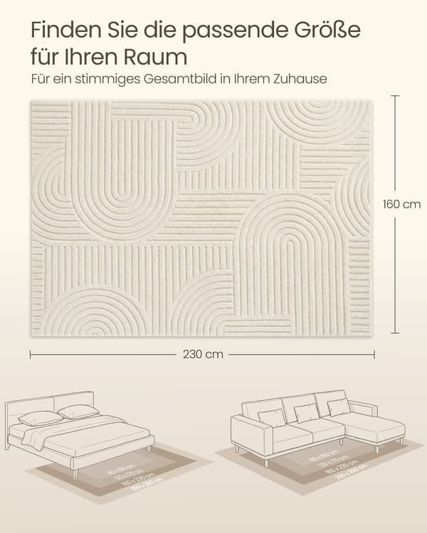 Teppe 3D, 230x160 cm, Kremhvit, Maskinvaskbart, Sklisikkert