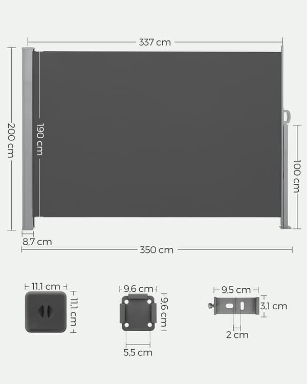 Sivumarkiisi, 200x350 cm, Harmaa