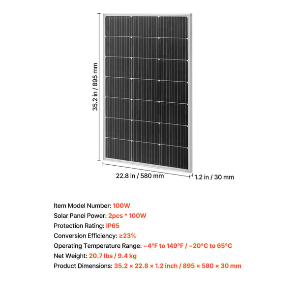 Solpanel, 2 stk. monokrystallinsk 100W, 89,5x58x3 cm