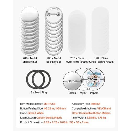 Knappdelar med nålfäste 200 set Ø58 mm silver/vit