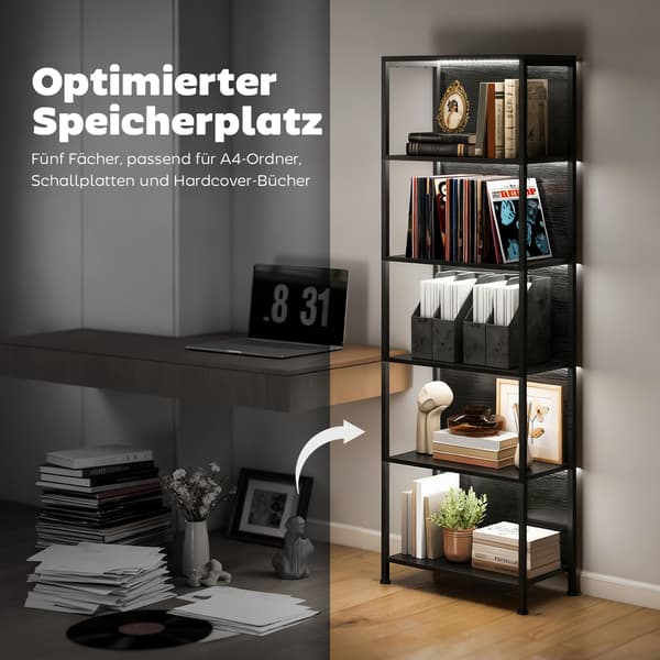 Bogreol, 60x30x179 cm, Sort, LED-belysning