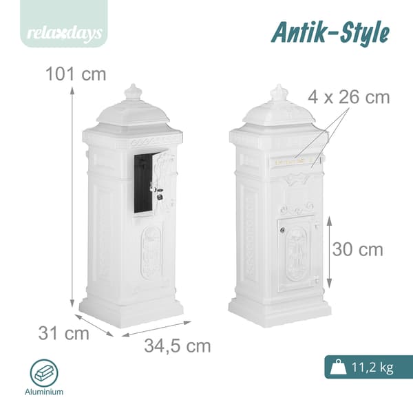Fritstående postkasse antik stil aluminium, Kodustaar
