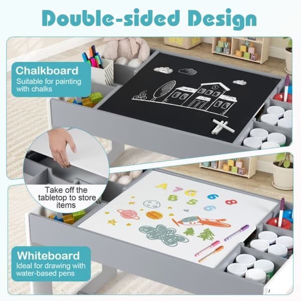 Børnebord og 2 stole sæt, 80x49.5x48.3 cm, Grå, Tavle