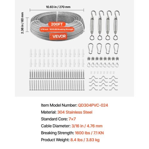 Wire Rope Kit, 61 m, 4,76 mm, 304 rustfrit stål, stål
