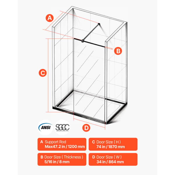 Brusepanel, 86,4x187 cm, Sort, Hærdet glas