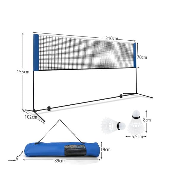 Bærbart badmintonnet sæt med stolper og bæretaske, justerbar højde 85-155 cm, blå