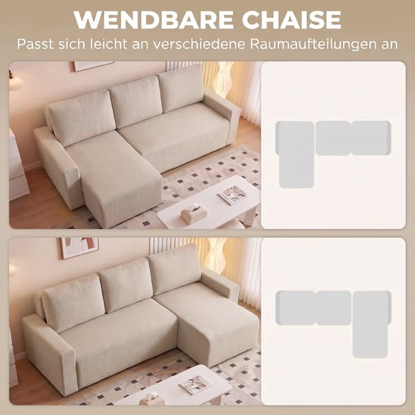 Hörnsoffa Bäddsoffa L-formad 3-sits Soffa 226x125x86 cm Beige Sammetstyg