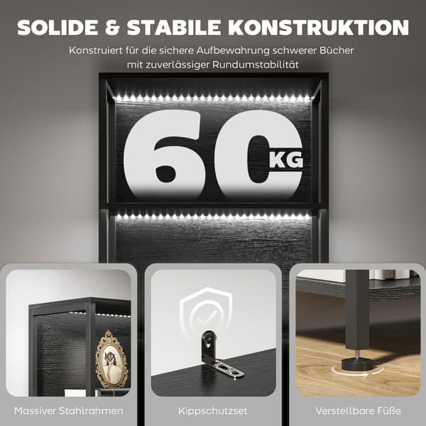 Bogreol, 60x30x179 cm, Sort, LED-belysning