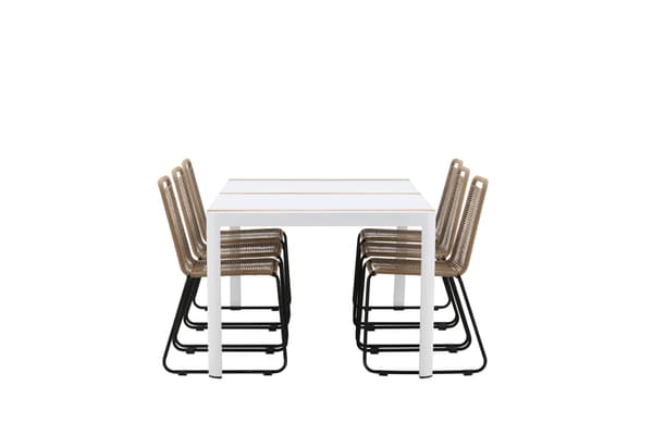 Spisebord og stol sæt 200x100 cm hvid teak sort beige reb
