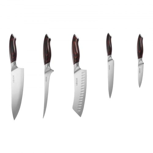 Knivsæt til køkken, 5 dele, 34.2x5.2x21.1 cm, brun, rustfrit stål