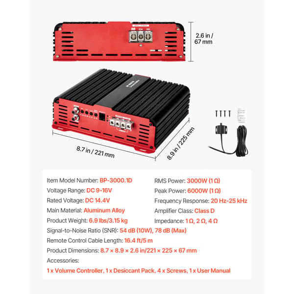 Bilforstærker, Monoblok Klasse D 3000W RMS, 22.1x22.5x6.7 cm, Audio